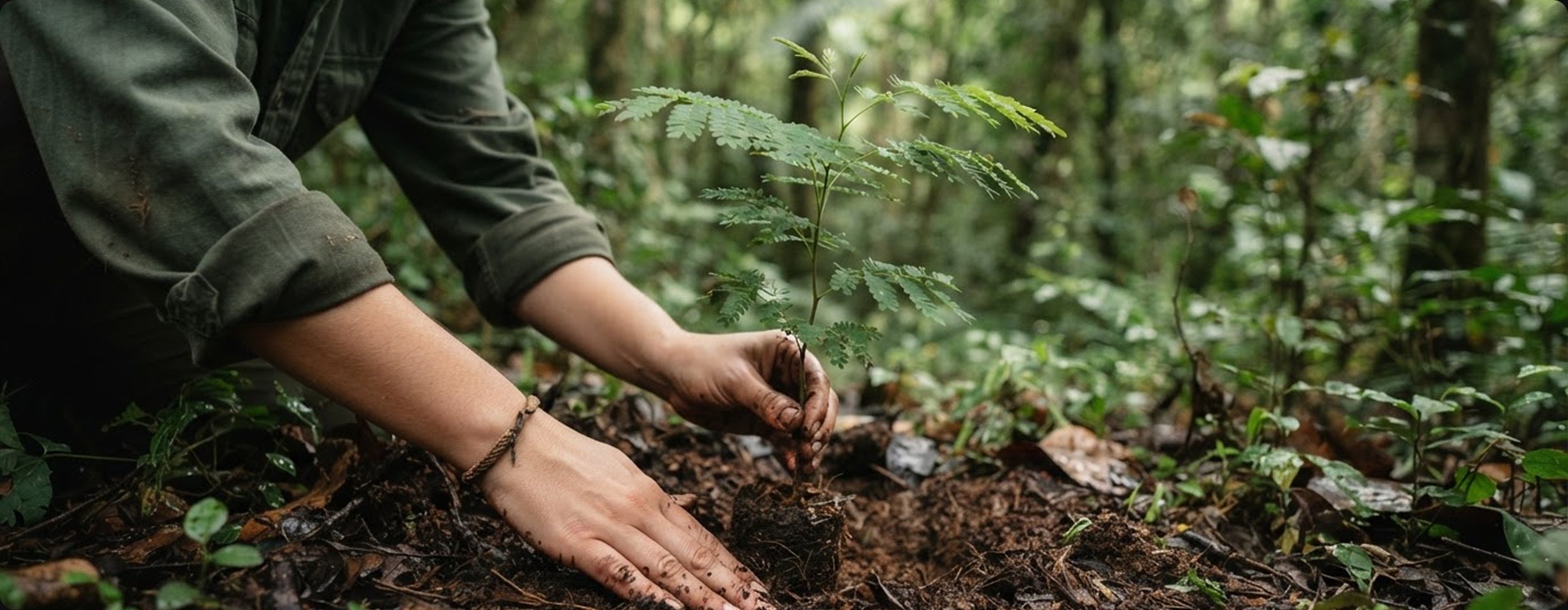 Hands planting a seedling in dark forest soil among ferns.